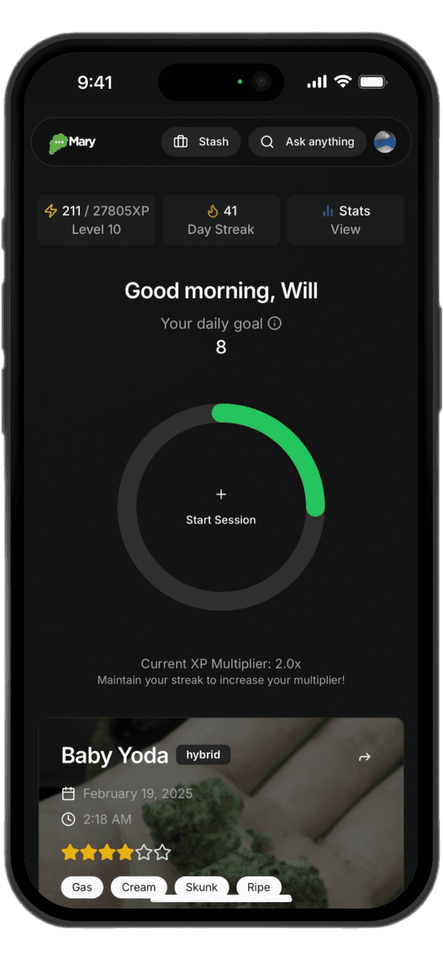 Mary App interface showing session tracking with a circular progress indicator, user stats, and a strain card for Baby Yoda